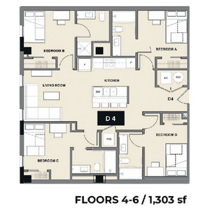 Sophisticated floor plan for floors 4-6 showcasing 4 spacious bedrooms, an open kitchen, and a cozy living room, covering 1,303 sq ft.