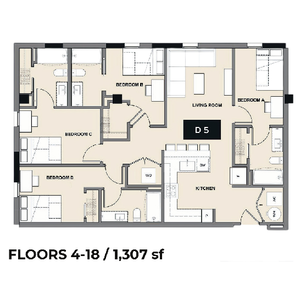 Modern floor plan D5 showcasing 4 bedrooms, spacious living room, and open kitchen, spanning 1,307 sq ft on floors 4-18.