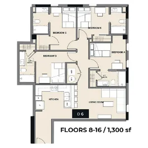 Modern floor plan showcasing 4 spacious bedrooms, elegant living room, and a well-appointed kitchen, spanning 1,300 sq ft on floors 8-16.
