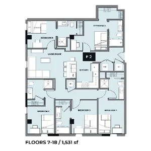 Modern floor plan for floors 7-18 showcasing 4 bedrooms, spacious living area, and contemporary kitchen in a 1,531 sq ft layout.