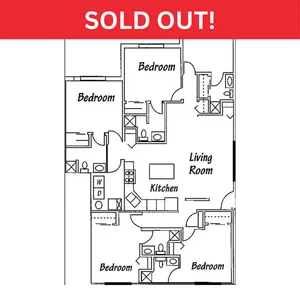 Spacious floor plan featuring 4 bedrooms, an open kitchen, and a welcoming living room, elegantly designed for modern living.