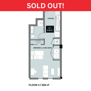 Efficient floor plan of a stylish studio apartment with an integrated bedroom and living room, modern kitchen, neat bathroom, on the third floor, 550 sq ft. Sold out!