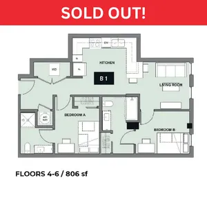 Modern floor plan of B1 layout, featuring a spacious kitchen, vibrant living room, and two cozy bedrooms across 806 sq ft on floors 4-6.