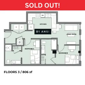 Modern floor plan B1 ANSI featuring 2 bedrooms, a well-equipped kitchen, and a cozy living room, designed at 806 sq ft.