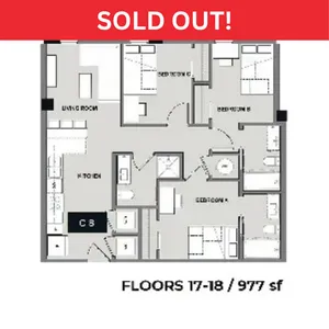 Contemporary 2D floor plan for 3-bedroom apartment with open living room and modern kitchen, 977 sq ft on floors 17-18, marked as sold out.