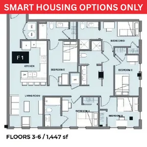 Smart housing floor plan F1 showcasing a modern layout with 5 bedrooms, an open kitchen, and a spacious living room, covering floors 3 to 6 with 1,447 sq ft.