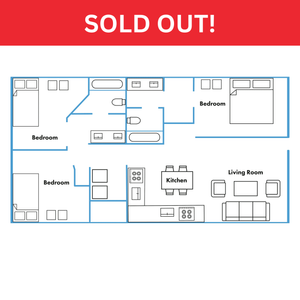Contemporary 2D floor plan showcasing 3 bedrooms, elegant living room, and modern kitchen, marked as sold out.
