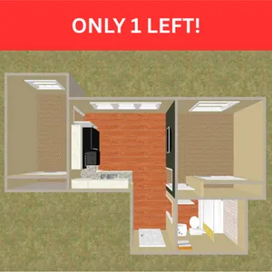 3D floor plan highlighting a modern 2-bedroom, 1-bathroom layout with a sleek kitchen and cozy living space, underlining \'Only 1 Left!\' urgency.