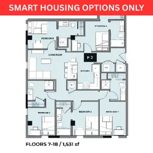 Modern floor plan for floors 7-18, featuring 4 bedrooms, open living room, and a fully equipped kitchen, spanning 1,531 sq ft.