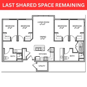 Spacious floor plan showcasing 4 bedrooms with walk-in closets, stylish kitchen with island, and open living-dining area. Last shared space available.