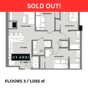 Modern floor plan of 1,055 sq ft featuring three bedrooms, a sleek kitchen, and an inviting living room, marked \'C1 ANSI\'.