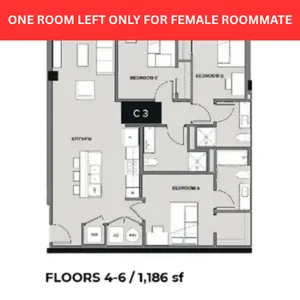 Modern floor plan showcasing 3 bedrooms, open-concept kitchen, and spacious living area, perfect for comfortable living on floors 4-6, 1,186 sq ft.