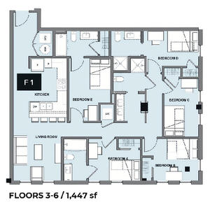 Spacious floor plan for floors 3-6 featuring a 4-bedroom layout, modern kitchen, and open living room, totaling 1,447 sq ft.