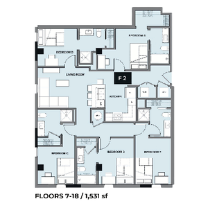 Spacious 2D floor plan featuring 4 bedrooms, open-concept living area with integrated kitchen, covering 1,531 square feet on floors 7-18.