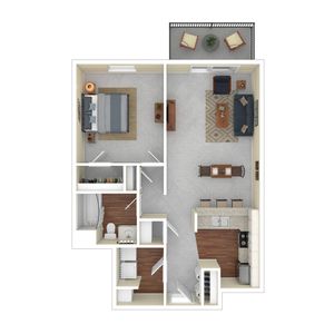 Modern 1-bedroom apartment floor plan with open-concept living area, sleek kitchen, and intimate balcony.