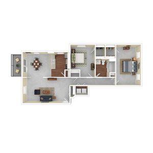 Modern 3D floor plan featuring two bedrooms, an inviting living room, a dining area, a balcony, and a well-equipped kitchen.