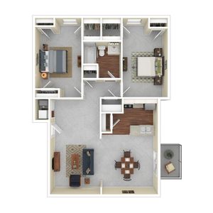 Chic floor plan with 2 bedrooms, elegant living space, modern kitchen, and cozy balcony for stylish living.