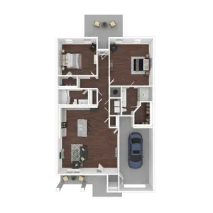Modern open-concept floor plan with two bedrooms, spacious living room, sleek kitchen, and attached garage, featuring wood flooring and a cozy patio.