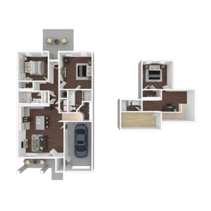 Modern two-story floor plan featuring 3 bedrooms, cozy living spaces, a spacious kitchen, and convenient garage.