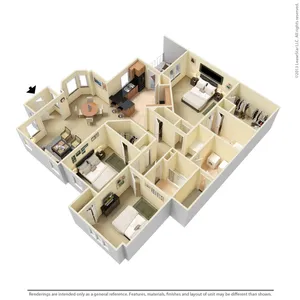 Bright and welcoming 3D floor plan highlighting 3 bedrooms, a cozy living room, stylish kitchen, and dining area, perfect for modern living.