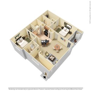 Charming 3D apartment layout showcasing 2 bedrooms, a modern open kitchen with island, and a cozy living area with elegant dining space.