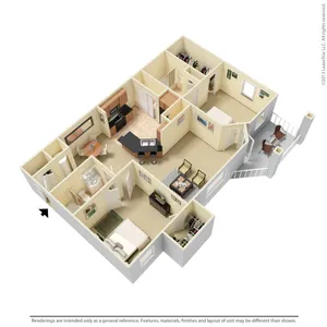 Modern 3D floor plan featuring two bedrooms, spacious living area with balcony, contemporary kitchen with breakfast bar, and elegant dining space.