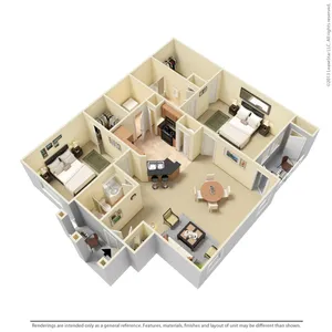 Modern 3D floor plan showcasing 2 spacious bedrooms, a sleek open-concept kitchen, and inviting living and dining areas, ideal for comfortable living.