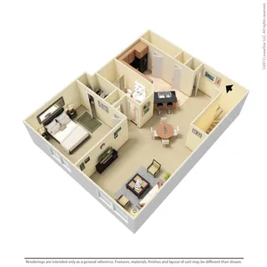 Chic 3D floor plan showcasing 1 bedroom, modern kitchen with island, cozy living room, and stylish dining area.