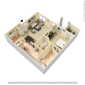 Modern 3D floor plan featuring an inviting living room, sleek kitchen with island, cozy bedroom, and ample closet space.