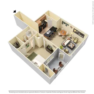 Inviting 3D floor plan showcasing a modern apartment with an open kitchen, cozy living room, two bedrooms, and a compact bathroom.