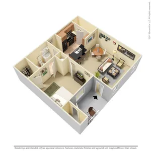 Charming 1-bedroom apartment floor plan featuring an open-concept living and dining area, modern kitchen with island seating, and cozy bathroom design.
