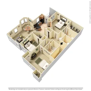 Charming 3D floor plan showcasing 3 spacious bedrooms, an elegant open-concept dining and kitchen area, and a cozy living room, perfect for comfortable living.