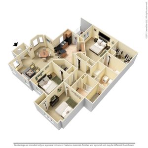 Elegant 3D floor plan showcasing a spacious 3-bedroom apartment with modern kitchen, cozy living area, and stylish dining space.