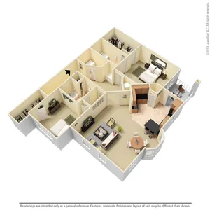 Modern 3D apartment floor plan featuring two cozy bedrooms, a stylish open-concept living area, and an elegant dining space, perfect for family living.