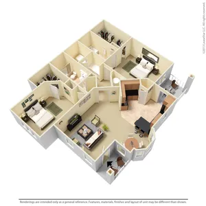 Modern 3D floor plan showcasing a spacious apartment with two elegant bedrooms, a cozy living room, a stylish kitchen with a breakfast bar, and two well-appointed bathrooms.