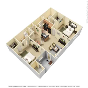Elegant 3D floor plan showcasing 2 cozy bedrooms, a modern kitchen, and an inviting living area with dining space.