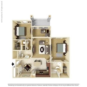 Inviting 3D floor plan showcasing two spacious bedrooms, an elegant living room, modern kitchen, and two bathrooms with ample closet space.