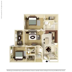 Modern 3D floor plan featuring two spacious bedrooms, elegant open-plan living area, and a fully equipped kitchen with breakfast bar.