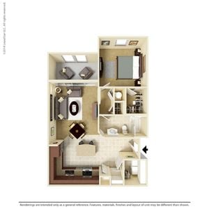Charming 3D floor plan showcasing a modern 1-bedroom apartment with an open-concept living room, stylish kitchen, dining area, and a cozy balcony.
