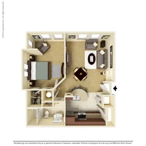 Modern 3D floor plan showcasing a 1-bedroom apartment with an open-concept living room, cozy dining area, and a fully-equipped kitchen.