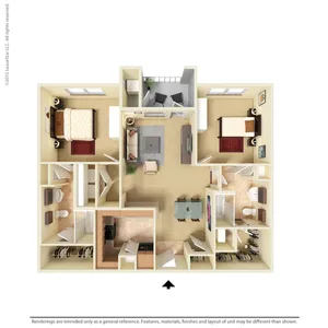 Elegant 3D floor plan showcasing 2 spacious bedrooms, a cozy living area, modern kitchen, and inviting balcony.