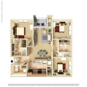 Charming 3D floor plan featuring 3 bedrooms, a cozy living room, open kitchen, and a private balcony, perfect for comfortable living.