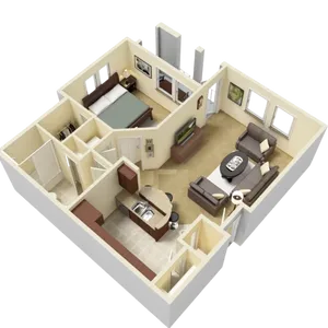 Charming 3D floor plan showcasing a cozy one-bedroom apartment with an open living room, modern kitchen, and sleek bathroom.