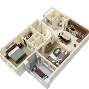 Contemporary 3D floor plan featuring a comfortable bedroom, modern kitchen with breakfast bar, and cozy living room opening to a private balcony.