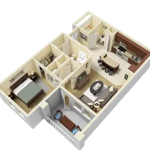 Elegant 3D floor plan featuring a cozy one-bedroom layout with a modern kitchen, spacious living area, and inviting balcony.