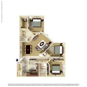 Modern 3D floor plan showcasing three cozy bedrooms, an elegant living room, and a contemporary kitchen with a breakfast bar.