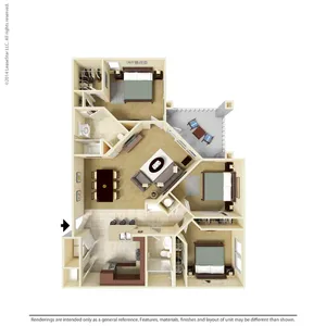 Elegant 3D floor plan showcasing a modern three-bedroom apartment with open-concept living and dining area, a sleek kitchen, two bathrooms, and a charming balcony.