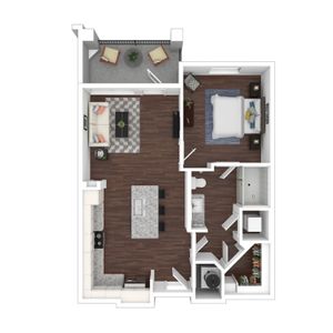 Modern 1-bedroom apartment floor plan featuring a spacious living area, open kitchen with island, cozy bedroom, bathroom, and a relaxing balcony space.