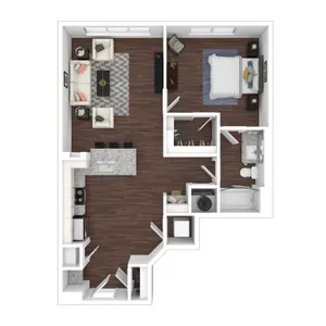 Modern floor plan with a spacious bedroom, cozy living area, and an open kitchen featuring sleek countertops.