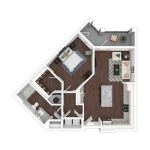 Chic 3D floor plan showcasing a spacious one-bedroom apartment with modern open-concept living area, stylish kitchen, and private balcony.